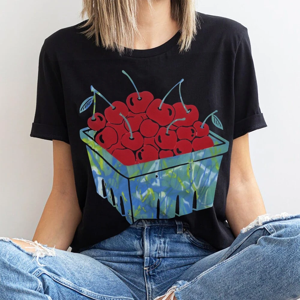 Camiseta gráfica cereja cesta camiseta premium algodão de alta qualidade oversize colorido camiseta vermelho cerejas impressão fresco estilo y2k