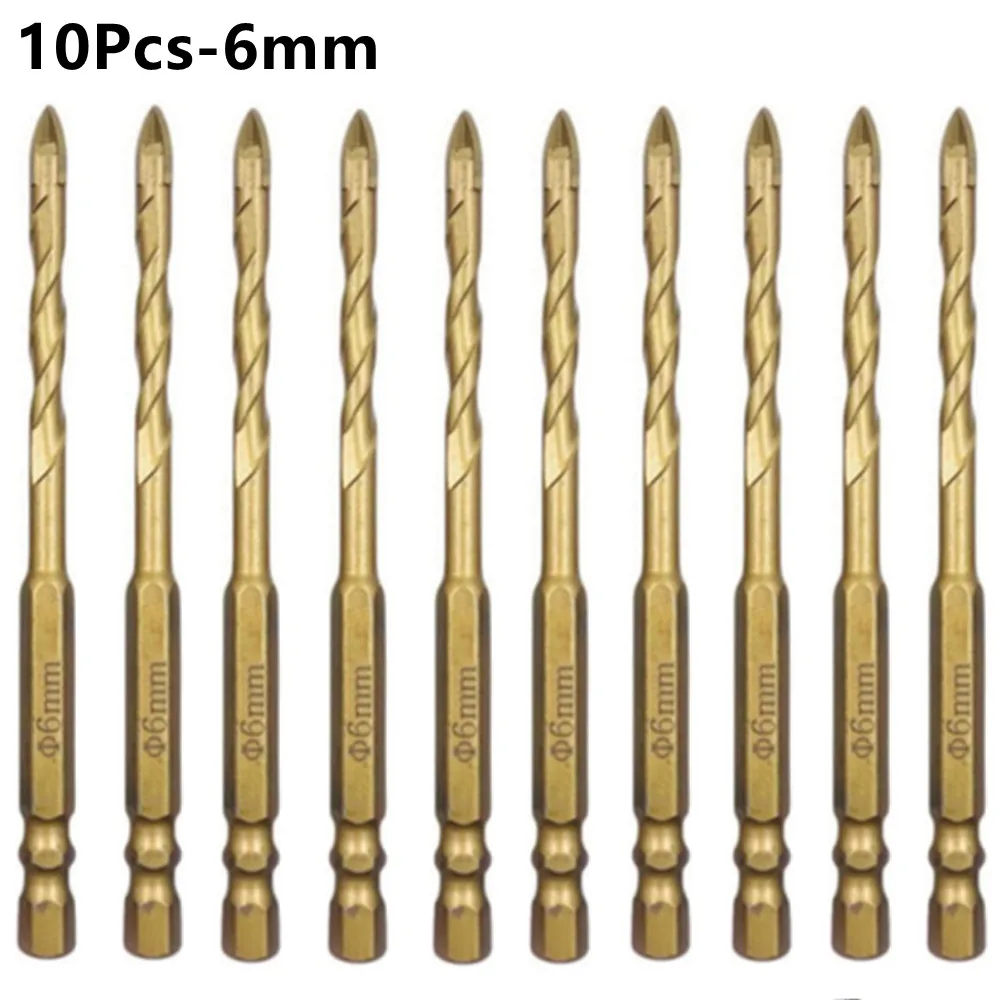 

10pcsTitanium plating Bits Set 3/4/5/6/8/10/12mm Cross Tile Drill Bits Glass Ceramic Concrete Hole Opener Brick Drill Bits