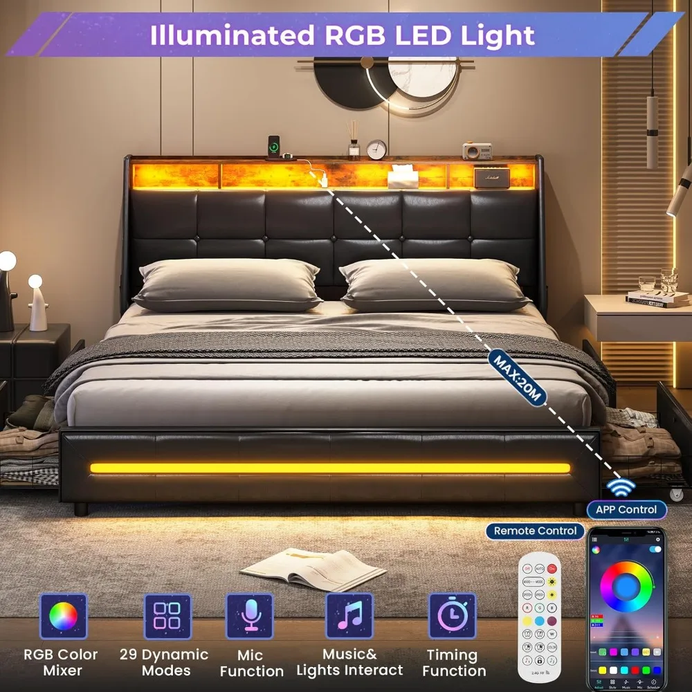 إطار سرير MSmask بحجم كينج مع 4 أدراج تخزين، ومحطة شحن وأضواء LED، وإطار سرير منجد مع زر معنقدة #4