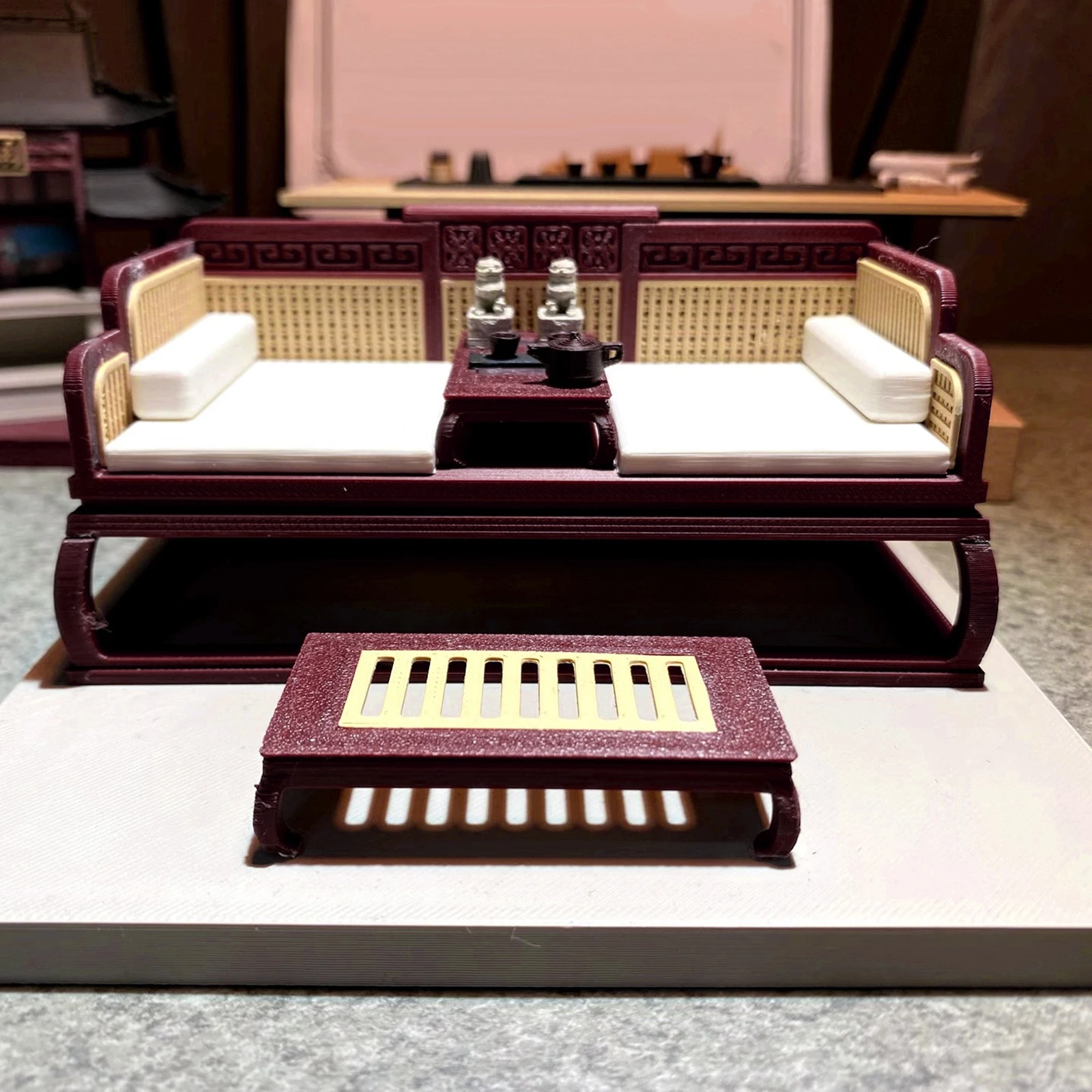 Miniature Chinese Luohan Bed Model 1:12 Scale Doll House Accessories DIY Life Scene Accessory for Dollhouse Decoration Crafts