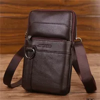 Genuine Leather Cell Phone Case Waist Cross Body Belt Pack Hook Pouch Men Thin Fanny Small Messenger Shoulder Bags
