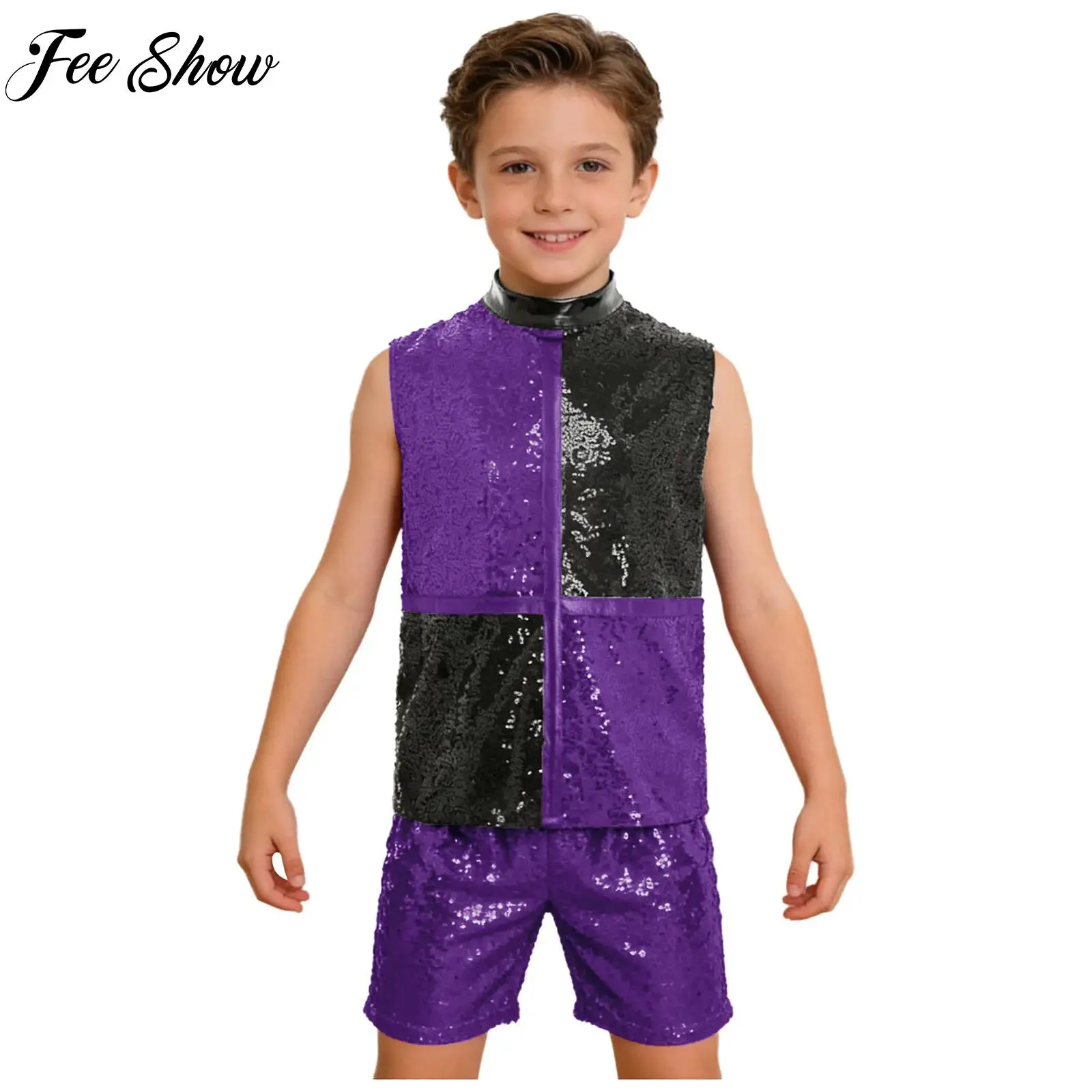

Kids Boys Girls Modern Hip Hop Jazz Dance Performance Dance Costumes Suit Sequin Tops And Shorts Set Stylish Street Dance Outfit