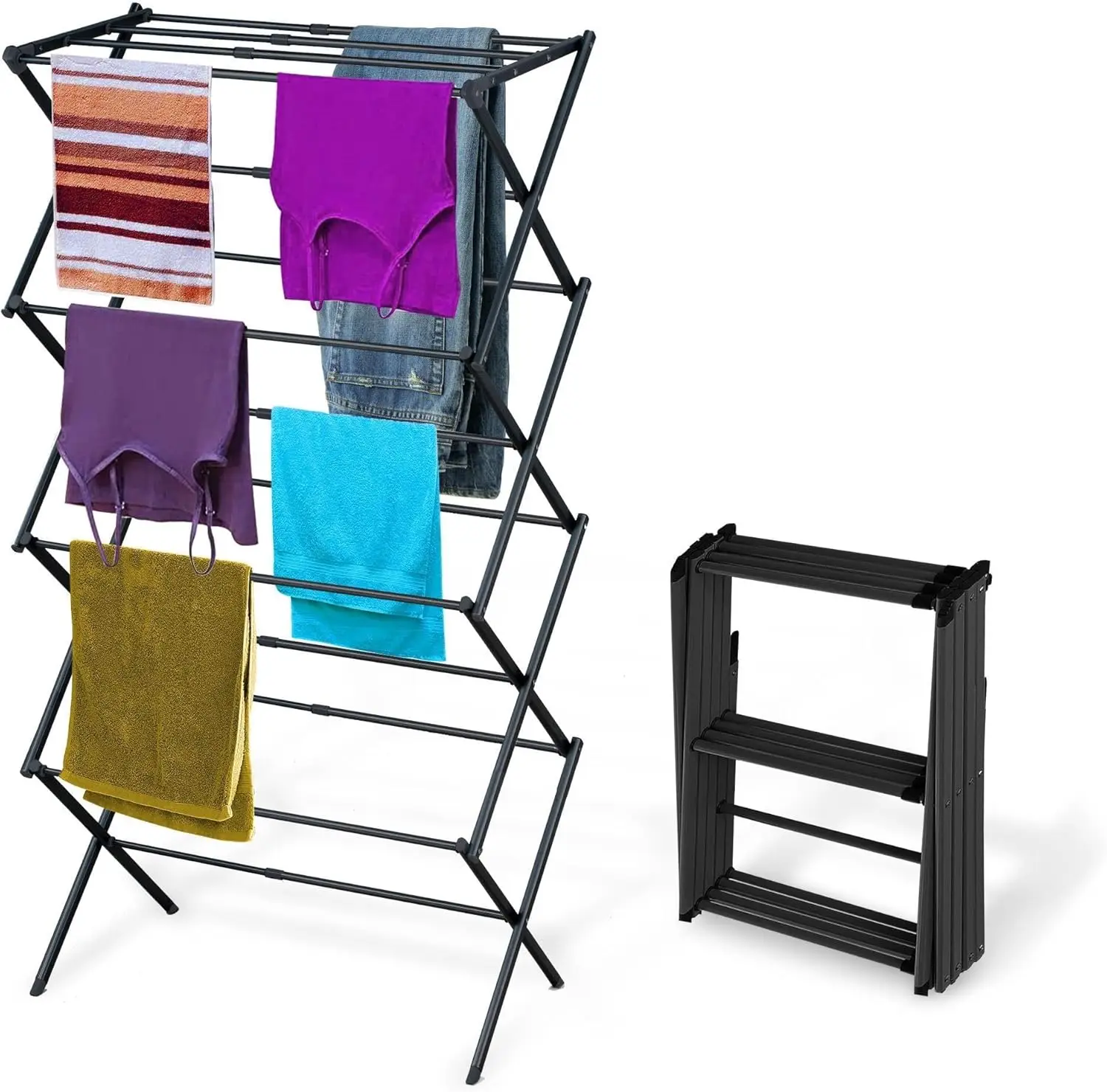 

4-Tier Expandable Collapsible Drying Rack, Telescopic Height, Foldable Steel Air Dryer for Towels/Shirts/Delicates, No Tools