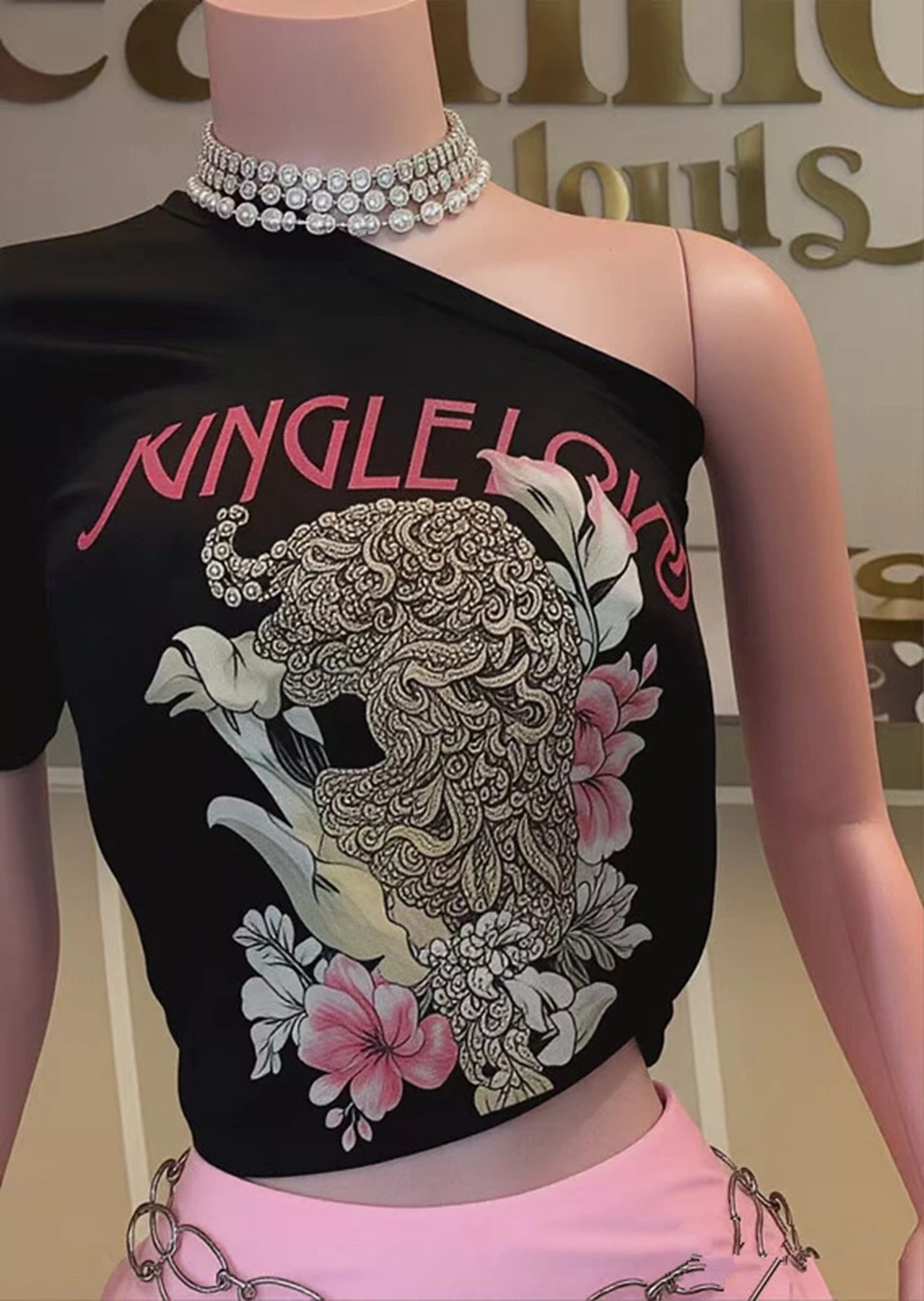 STYLISH LADY Summer Asymmetric One Shoulder Cutout Tee Animal Flower Letter Print Curvy Black Bodycon Crop Top For Women