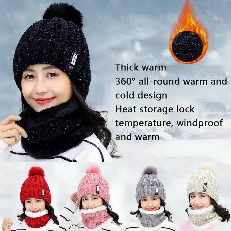 Brand Knitted Winter Hat Scarf Set Thick Warm Skullies Beanies Hats for Women Solid Outdoor Snow Riding Ski Bonnet Caps Girl