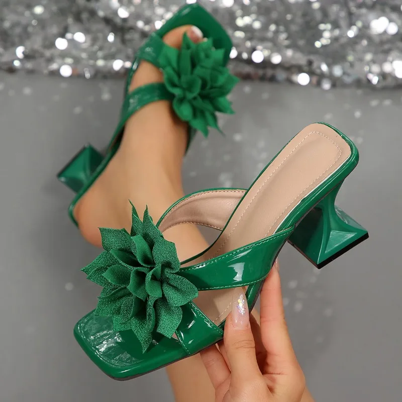 

Summer Flower Decor High Heel Slides for Women Open Toe Solid Color Elegant Slippers