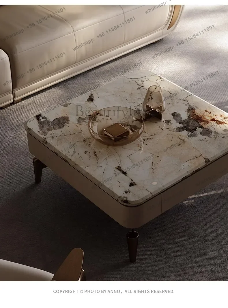 YJ Italian Luxury Square Coffee Table Modern Minimalist Living Room Small Apartment Pandora Stone Marble Look Gold Base