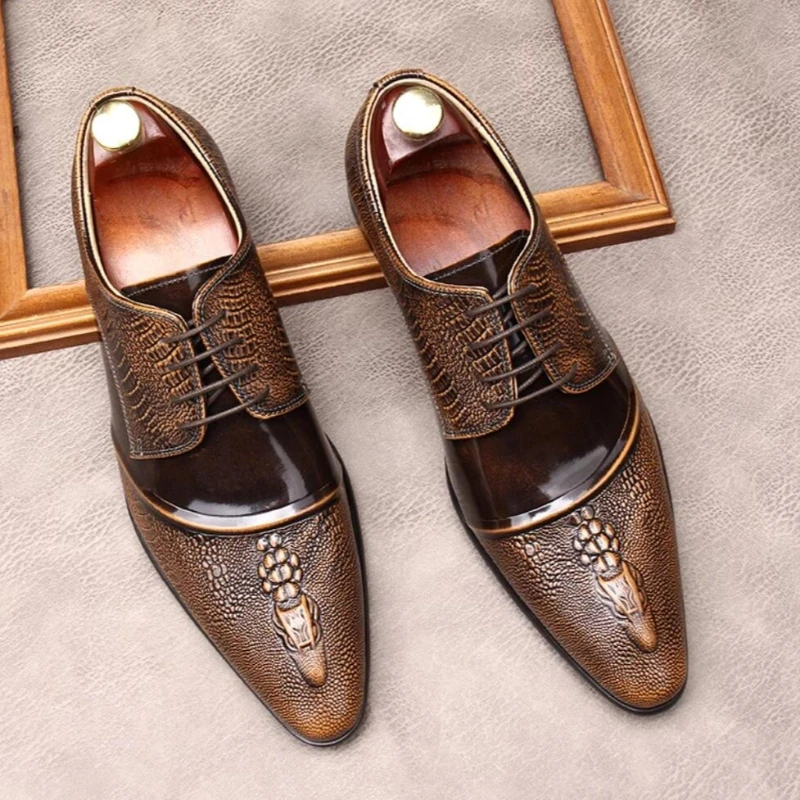 Premium Men Leather Shoes Pointed Toe Lace-up Crocodile Pattern Embossment Genuine Leather Formal Shoes Wedding Social Shoes