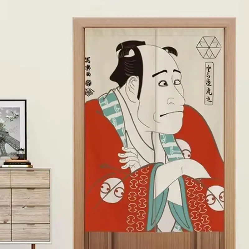 VIKAMA Japanese Noren Rod Pocket Single Curtain Ukiyo-e Kabuki Actor Red Kimono Print Tea Room Shop Partition Decor