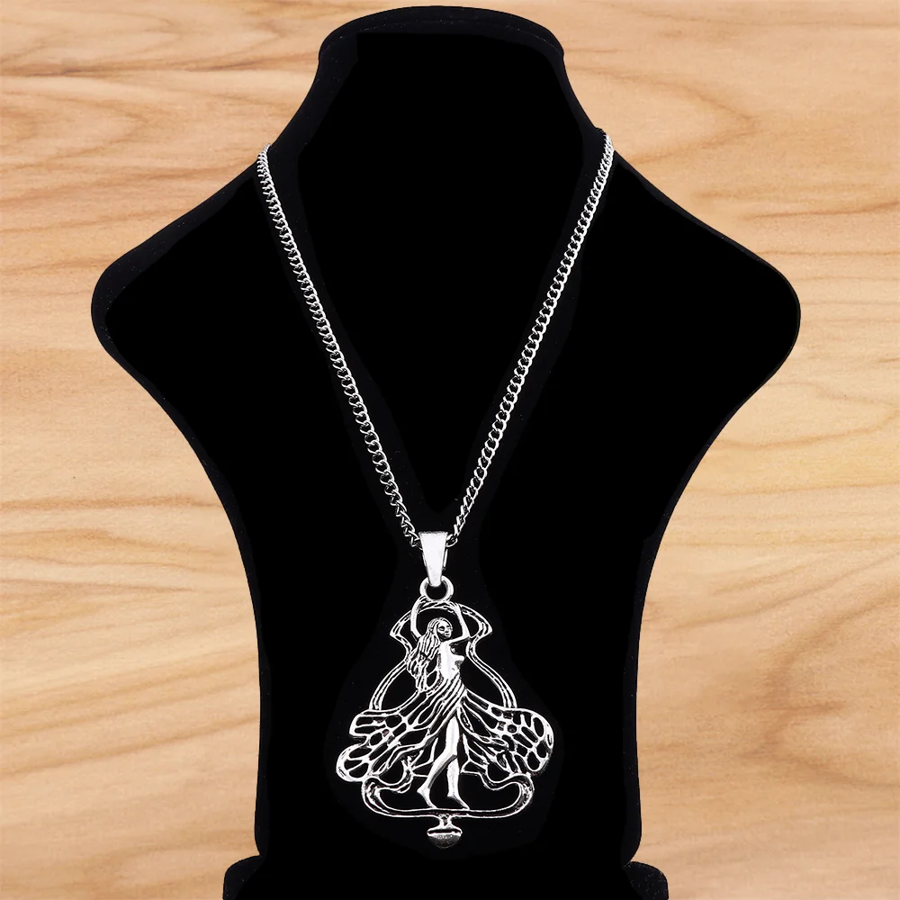 Tibetan Silver Hollow Open Goddess Fairy Pendant Necklace on Long Chain Lagenlook 34 Inches for Jewelry Women