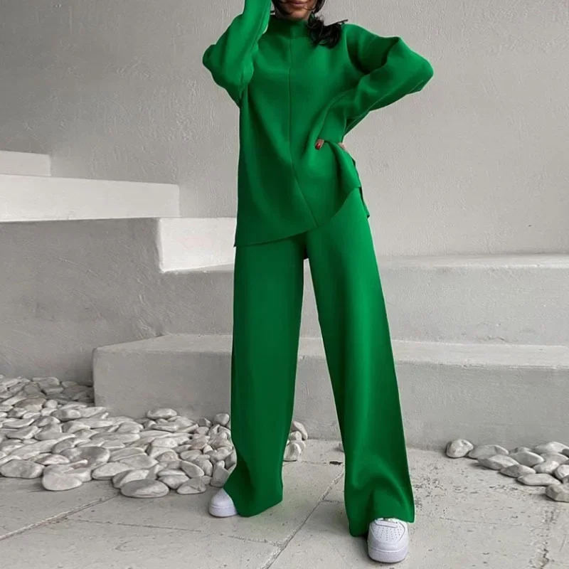 

Women Pant Sets Green Jumpers Long Autumn Knitted Spring Two Piece Suits Top Y2k Sweater Straight Pants Sets Matching Sets