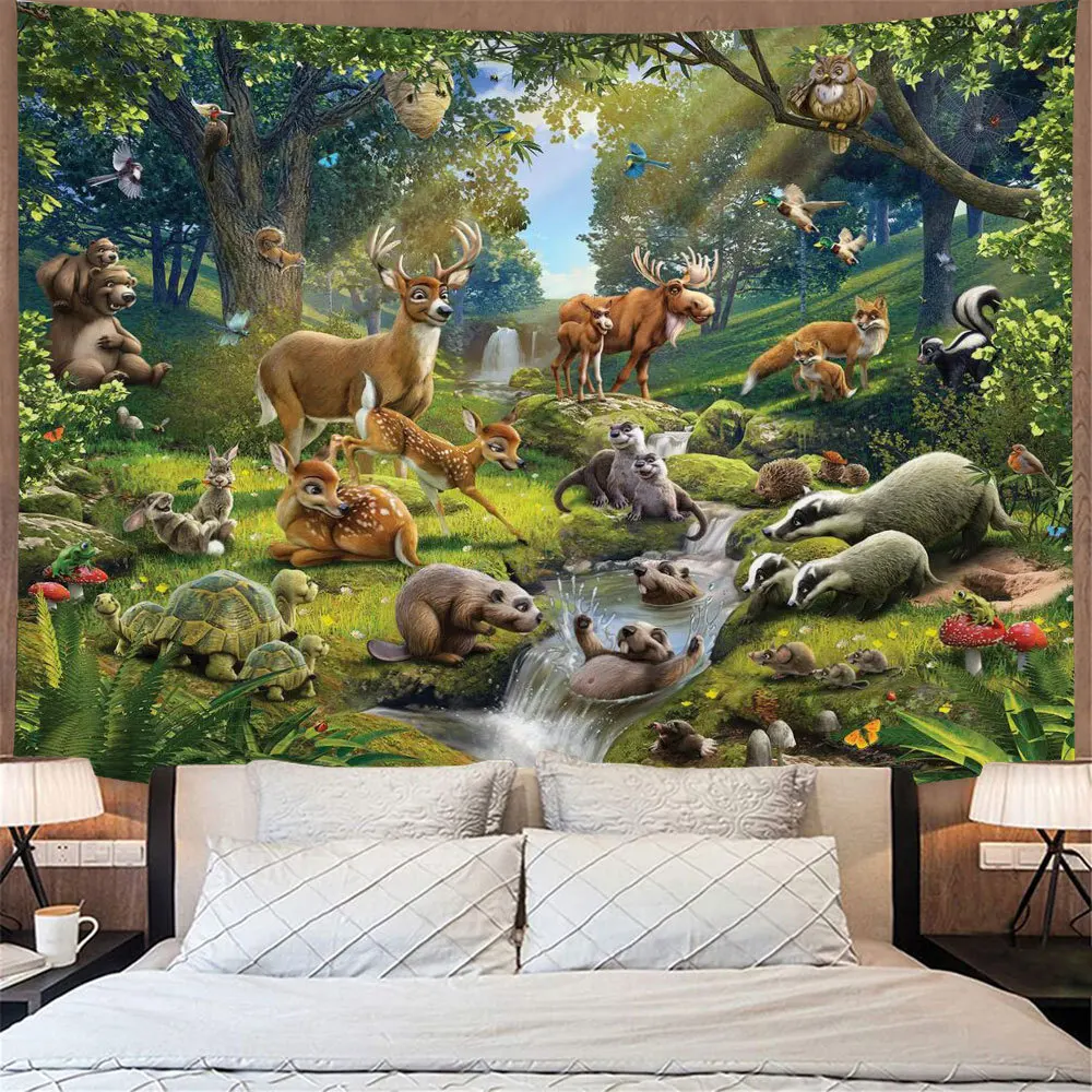 Baby room Animal group Forest Tiger Deer Panda Mountain natural landscape Wall hanging tapestry Home living  decoration