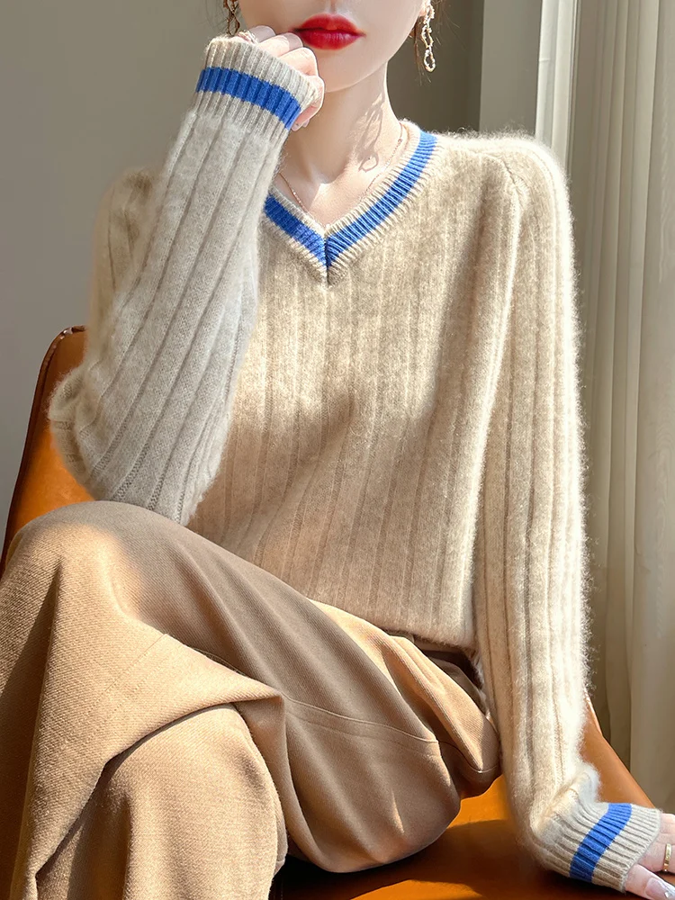 New Fashion Autumn Winter Woman Sweater Elegant 100% Merino Wool Knitwear V-Neck Striped Pullover Lady Long Sleeve Clothing Tops