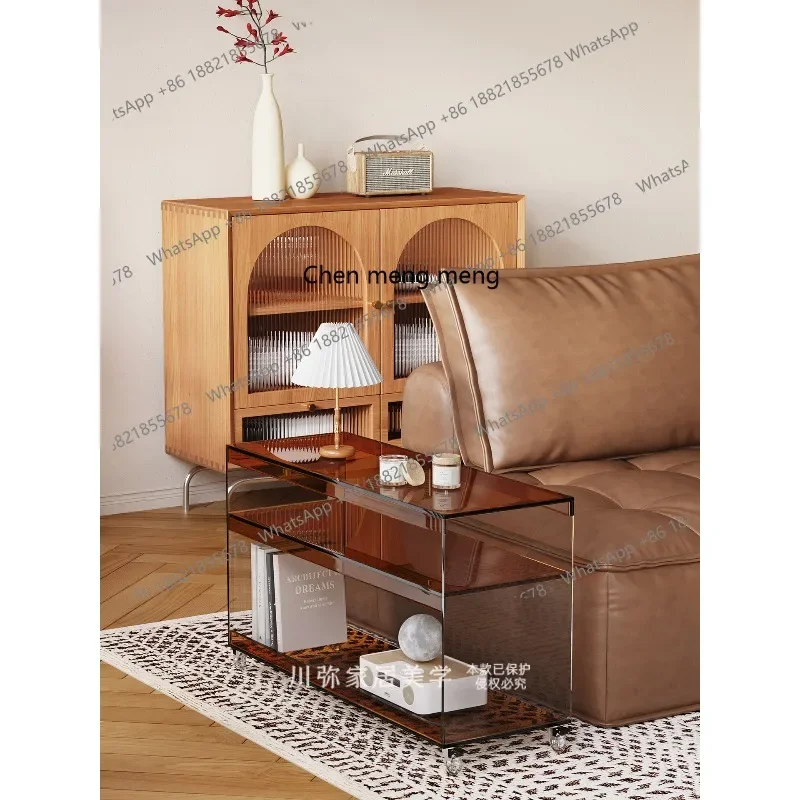 

high-end light luxury, a few food shelves on the side of the sofa, mobile coffee table, family dining car storage