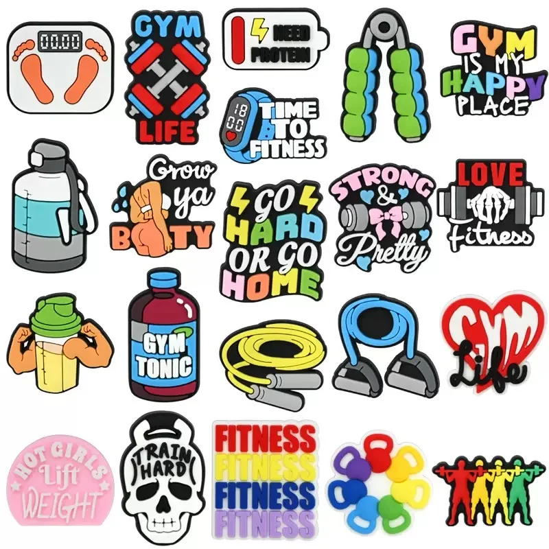 

21Pcs Gym Life Love Fitness Strong Pretty Need Protein Pvc Shoes Buckle Decoration Woman Slipper Charms DIY Wristband Clog