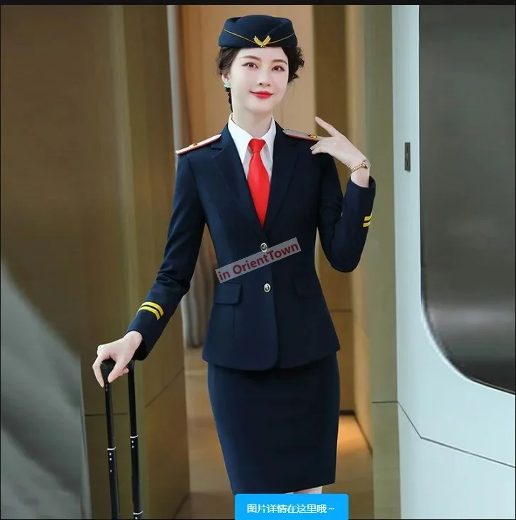 Airline Aeromoça Segurança Mulher Manga Comprida Uniforme Trabalho Azul Vermelho Calças Saia Ternos Profissional pendulares Vestuário Formal