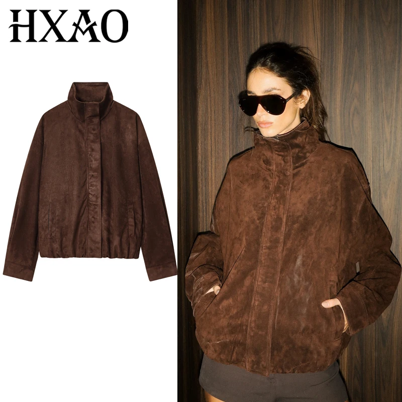 

HXAO Brown Zipper Jacket Women's Faux Leather Jacket Women's Jacket Suede Jacket 2025 Autumn Windbreak Long Sleeve Top For Woman