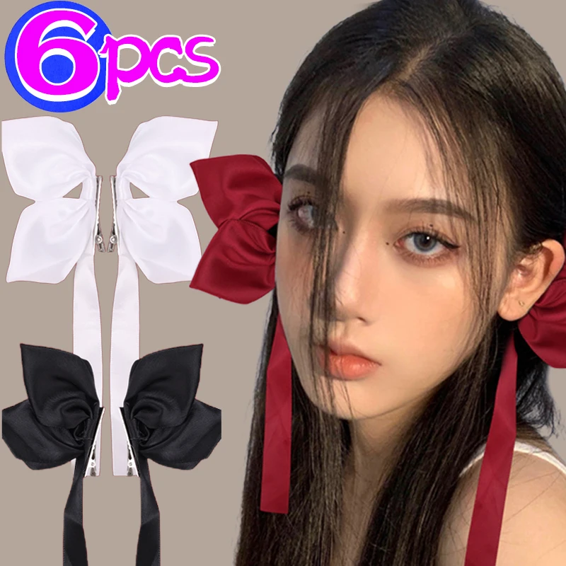 2/6Pcs Long Ribbon Bowknot Hair Clips Women Sweet Side Double Bobby Pins Bangs Side Hairpins Girls Duck Bill Clips Headwear