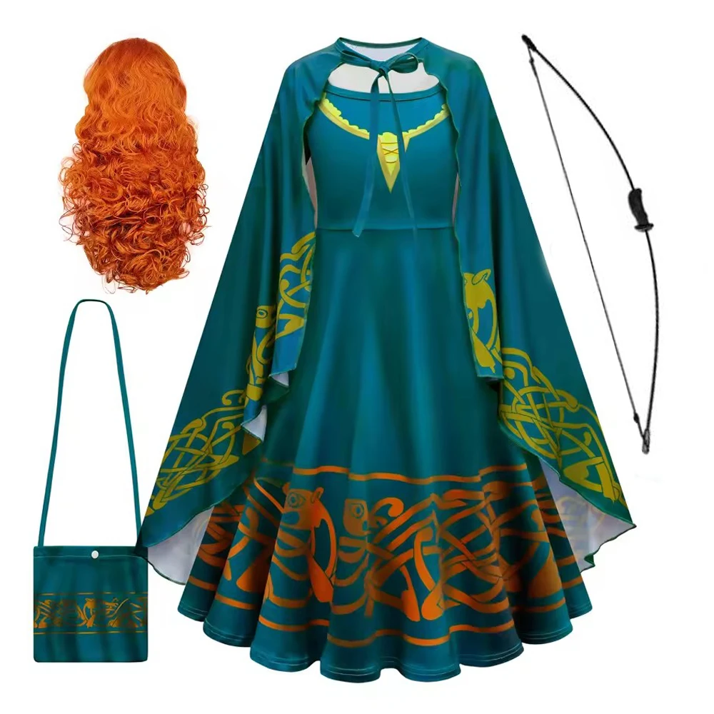 Merida Dress for Kids Girls Brave Cosplay Costume Printed Outfits Halloween Carnival Party Clothes Birthday Gift