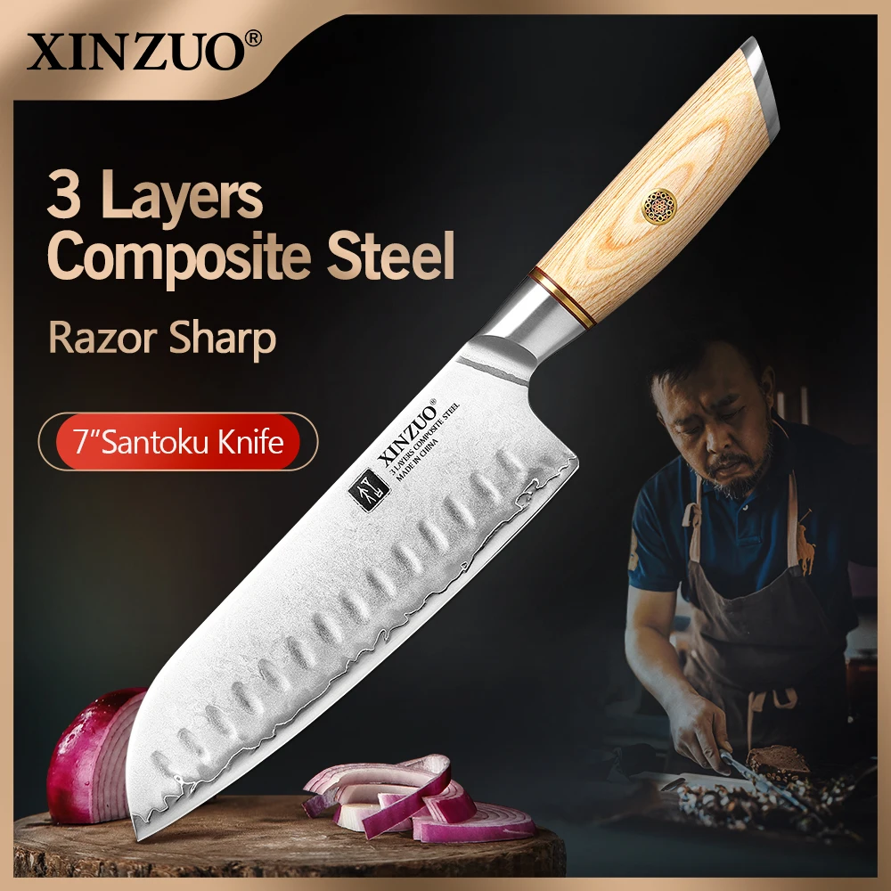 

XINZUO 7" Santoku Knife 3-Layer Composite Steel Blade 10Cr15CoMoV Core Japanese Pakkawood Handle 15° Ultra-Sharp Edge Gift Box