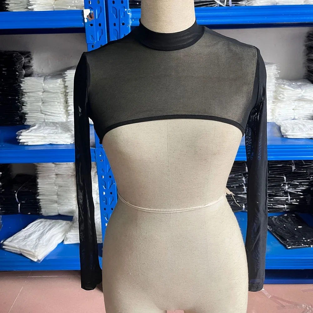 Mesh Crop Tops Women's Tops Crop Tops VEST Elastic Female WOMENS Long Sleeves Mesh Regular Shoulder Slight Stretch