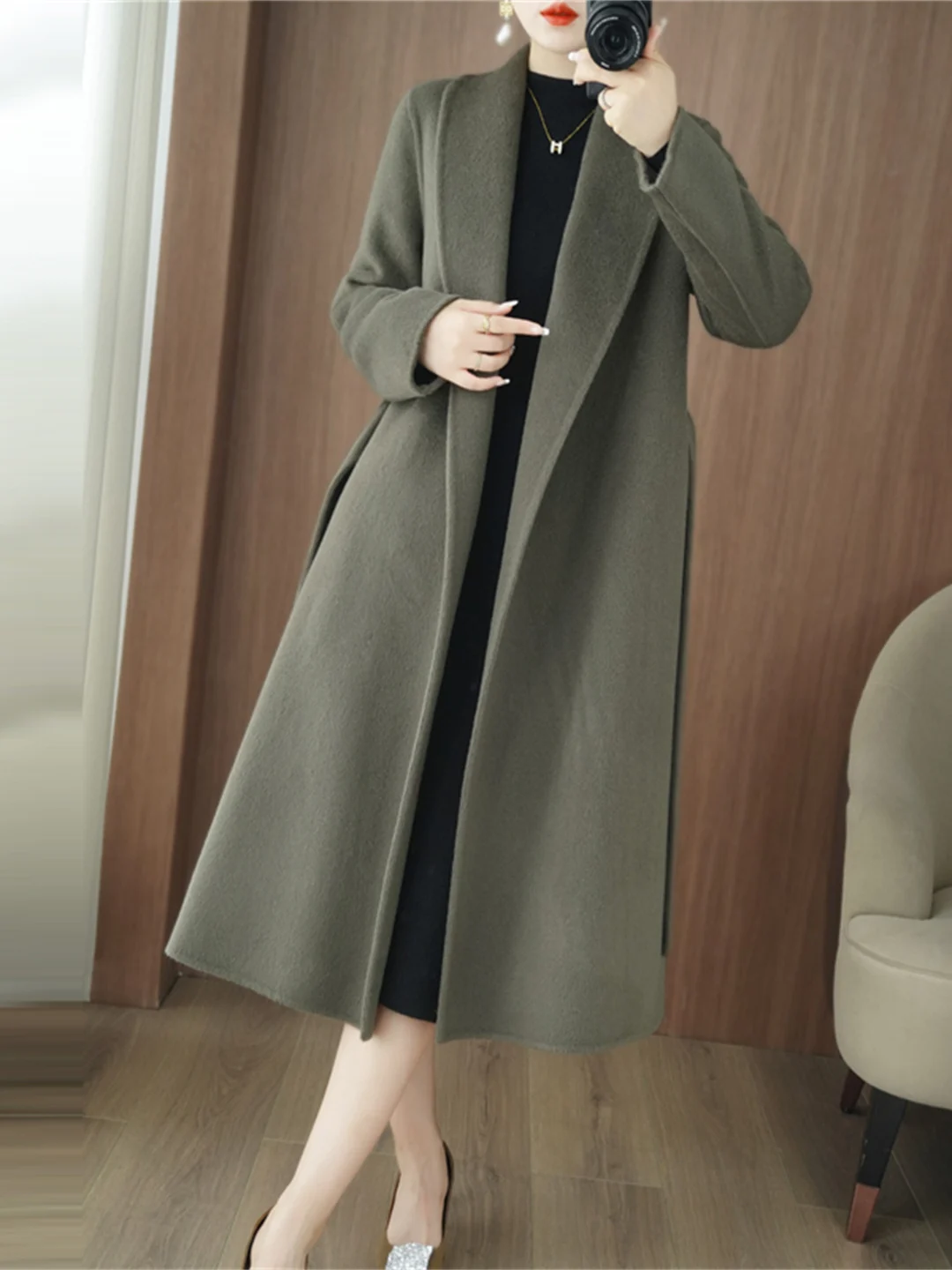 가을 겨울 양면 카메라 코트 여성용 중간 길이 울 100% 트위드 자켓 벨트 포함 다용도 슬리 한국 스타일