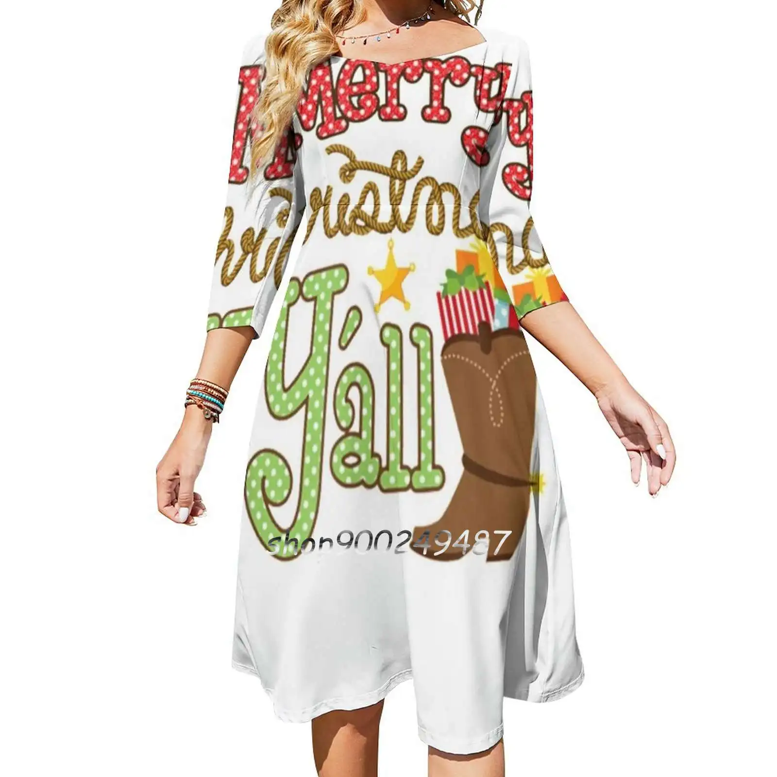 Wesołych Świąt Y&X27; All T-Shirt Western Holiday Tee Sweet Elegant Dress Women Korean Kawaii Square Collar Dress Merry