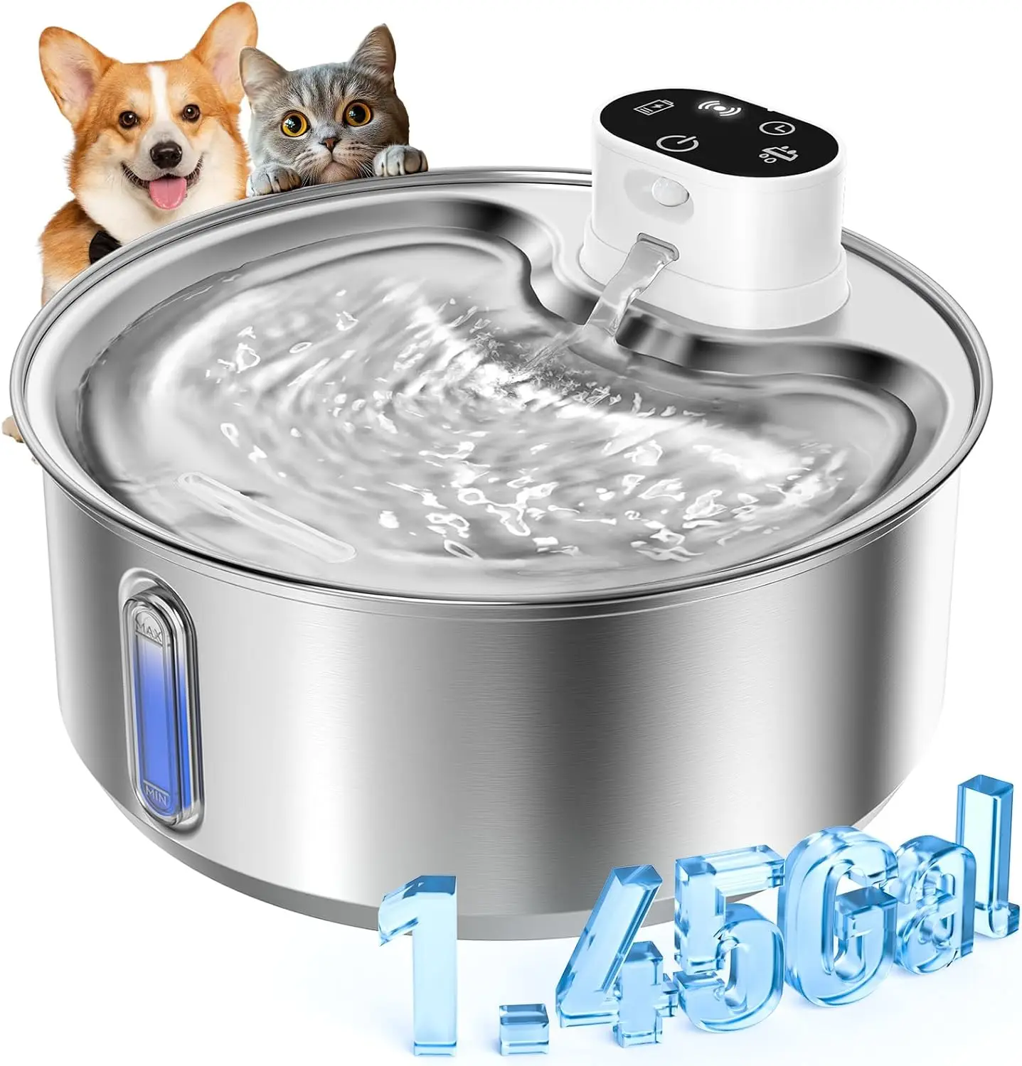 

Stainless Steel Cat Water Fountain, 1.45Gal Battery Operated Pet Water Dispenser Cordless for Indoor Cats & Dogs