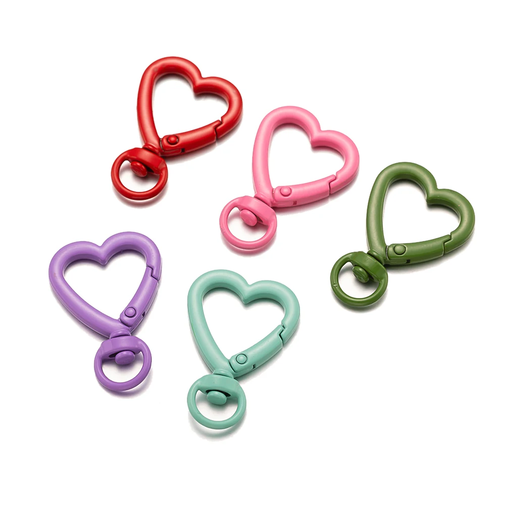 5pcs Colorful Heart Shape Metal Spring Clasp Hooks Carabiner Key Rings Connectors For DIY Keychains Jewelry Making Accessories