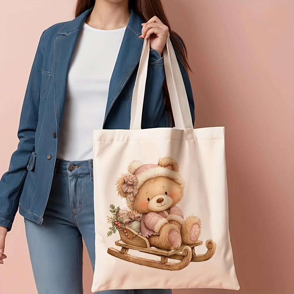 Double-Sided Print, Christmas Sled Bear Tote Bag, Vintage Pink Bow Teddy Bear Watercolor Print Shoulder Bag, Aesthetic Cozy Wint