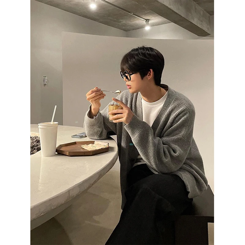 

Мужской вязаный кардиган в корейском стиле с V-образным вырезом, оверсайз, серый, повседневный, свободного кроя, зимняя модная верхняя одежда