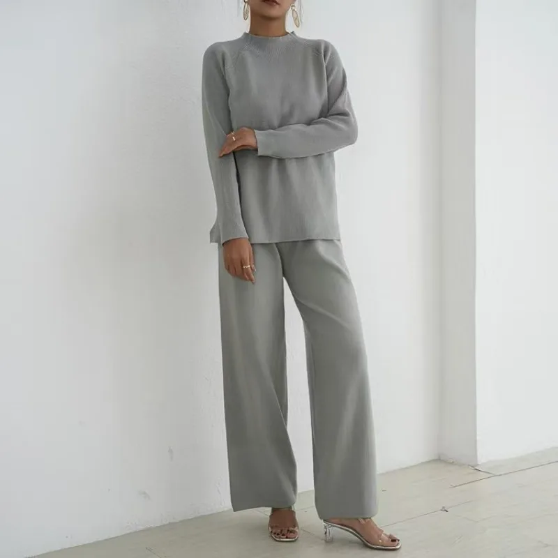 Ensemble 2 Pièces Haut de Gamme pour Femme, Pull à Manches sulfet Pantalon à Jambes Larges, Tenue Décontractée, Couleur Unie, Nouvelle Collection