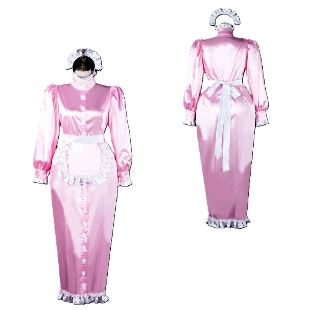 فستان مثير للخادمة الفرنسية من الساتان الوردي بأكمام طويلة مربوط على الساق زي تنكري قابل للتخصيص