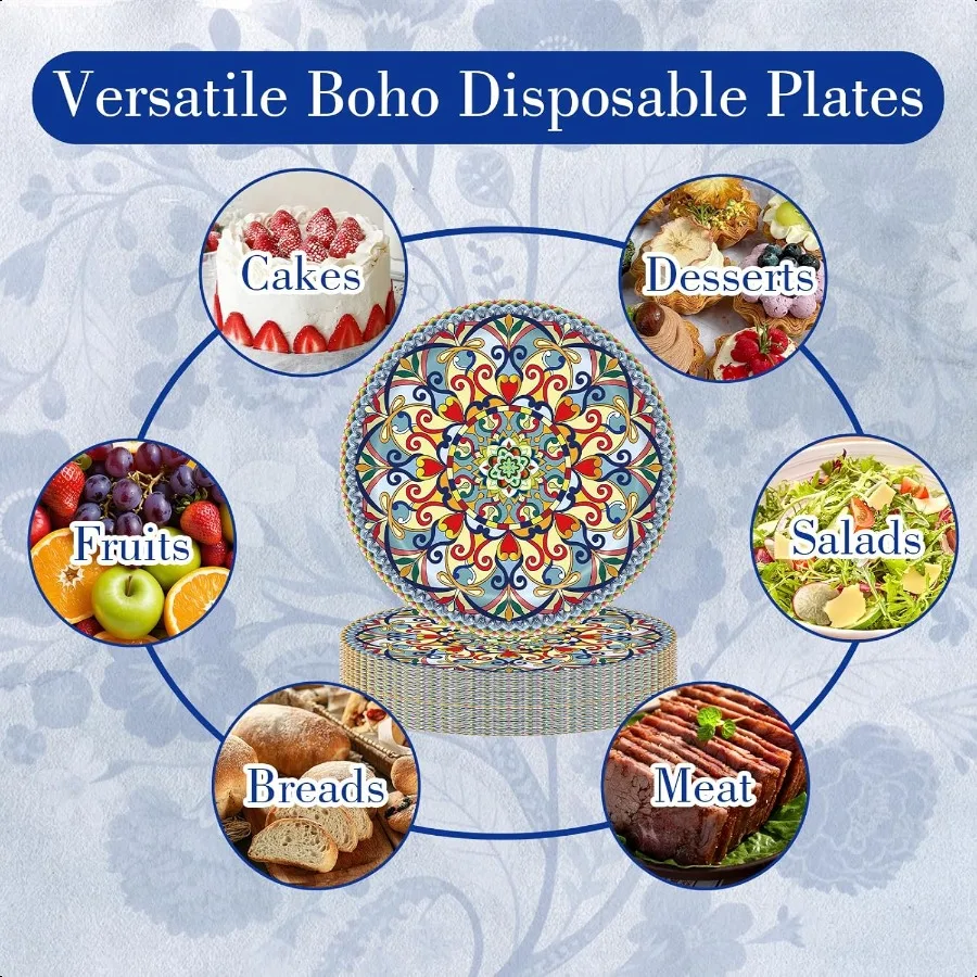 100PCS Boho Paper Plates 50×7 Inch 50×9 Inch  Bohemian Style  Plates Dert Party Dinner Plates Dinnerware Plate Set for Birthday