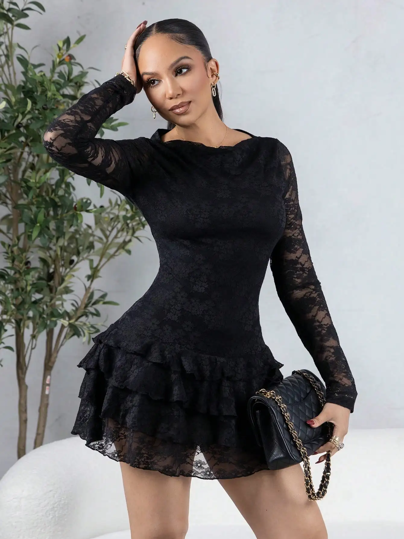 

Женское черное кружевное мини-платье: длинный рукав, оборки по низу, идеально подходит для вечеринок и выходов в свет, летние платья для женщин