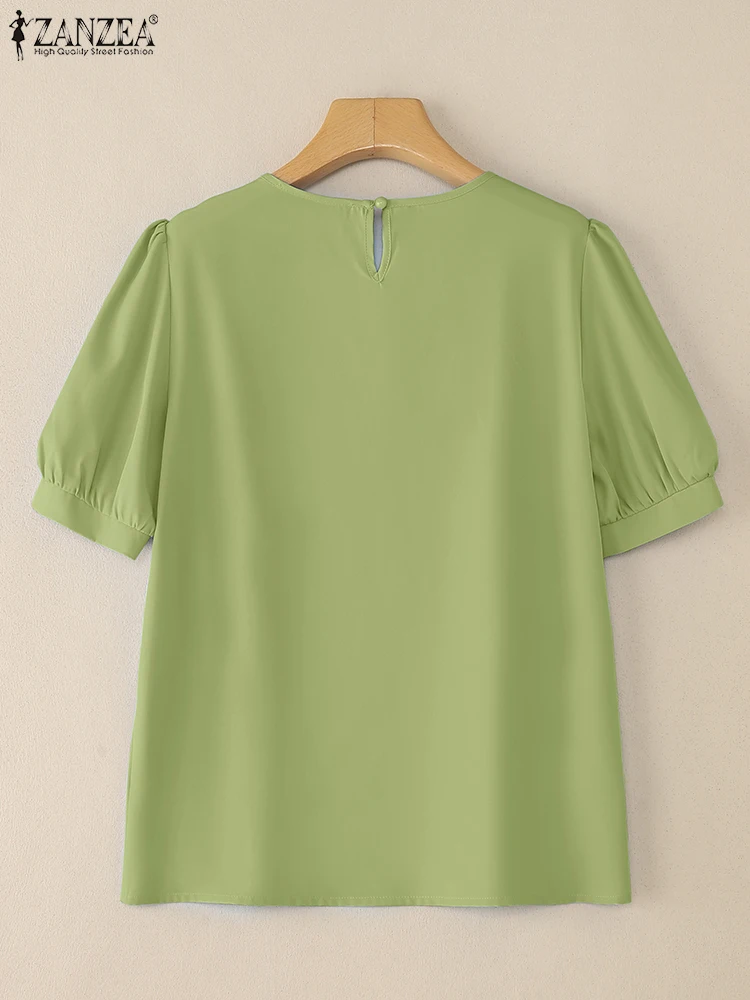 ZANZEA Koreaanse Mode Blouses Vrouwen 2025, Zomer Casual Uitsparing O-hals Korte Bladerdeeg Mouw Blusas Mujer Dagelijks Dragen Effen Tops