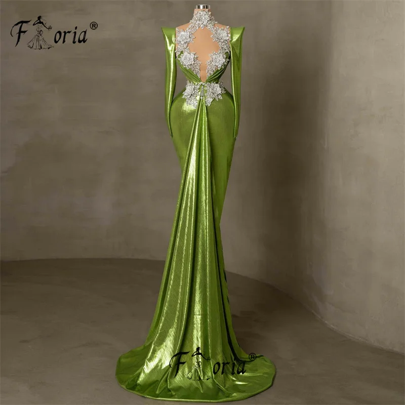 Elagant-Verde frisada Sereia Vestido, 3D Flores, Cristal Vestidos Glossy, Gala Cauda Frente, Ocasião Formal, Alta Qualidade, Farbic