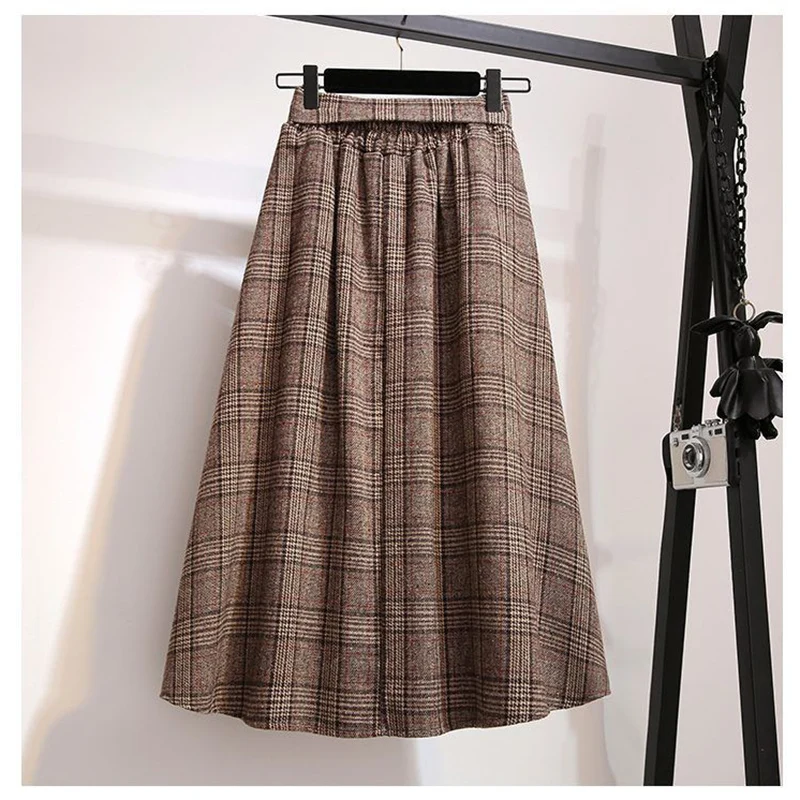 Fashion Elastic Pockets Printed Bandage Plaid Skirts Female Clothing 2024 Autumn Winter New Loose High Waist Preppy Style Skirts