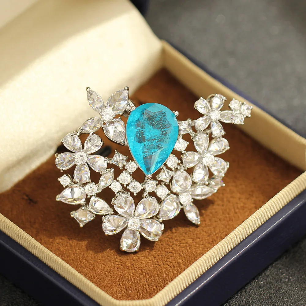 Imitation Paraiba Blue Water Droplet Brooch Light Luxury Full Diamond Flower Jewelry High-end Suit Coat Accessory Pin for Women
