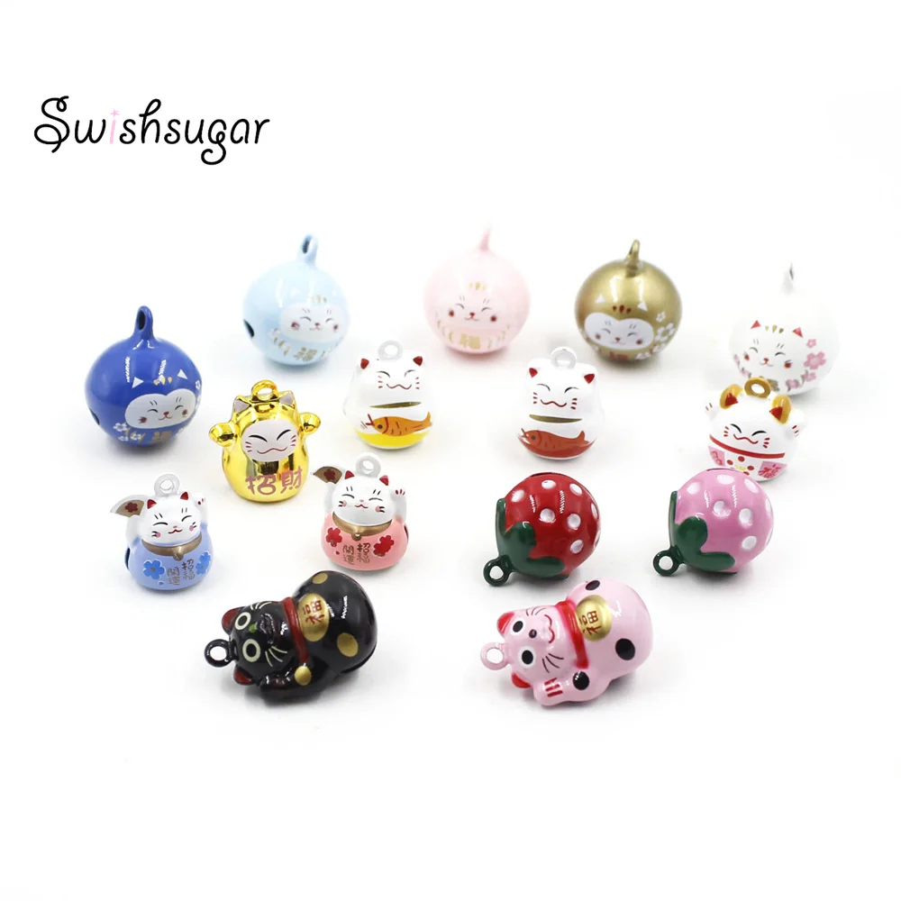 

Several Cartoon Maneki Neko Good Luck Bell Charms Metal Cat Pet Jewelry Accessories Fit Festival Holiday Birthday Pet Decoration