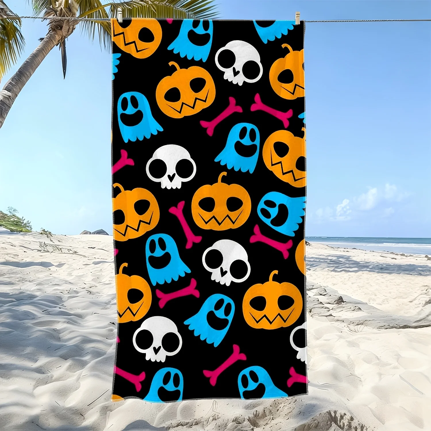 1pc 1pcs Pumpkin Skull Monster Print Beach Towel - Quick-Dry Microfiber Bath Towel Suitable for Pool, Bath, Spa