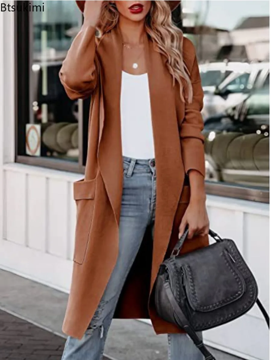 2025 Autumn Winter Women's Long Cardigan jackets Solid Color Casual Warm Popular Trench Coats Fashion Elegant Ladies Overcoats