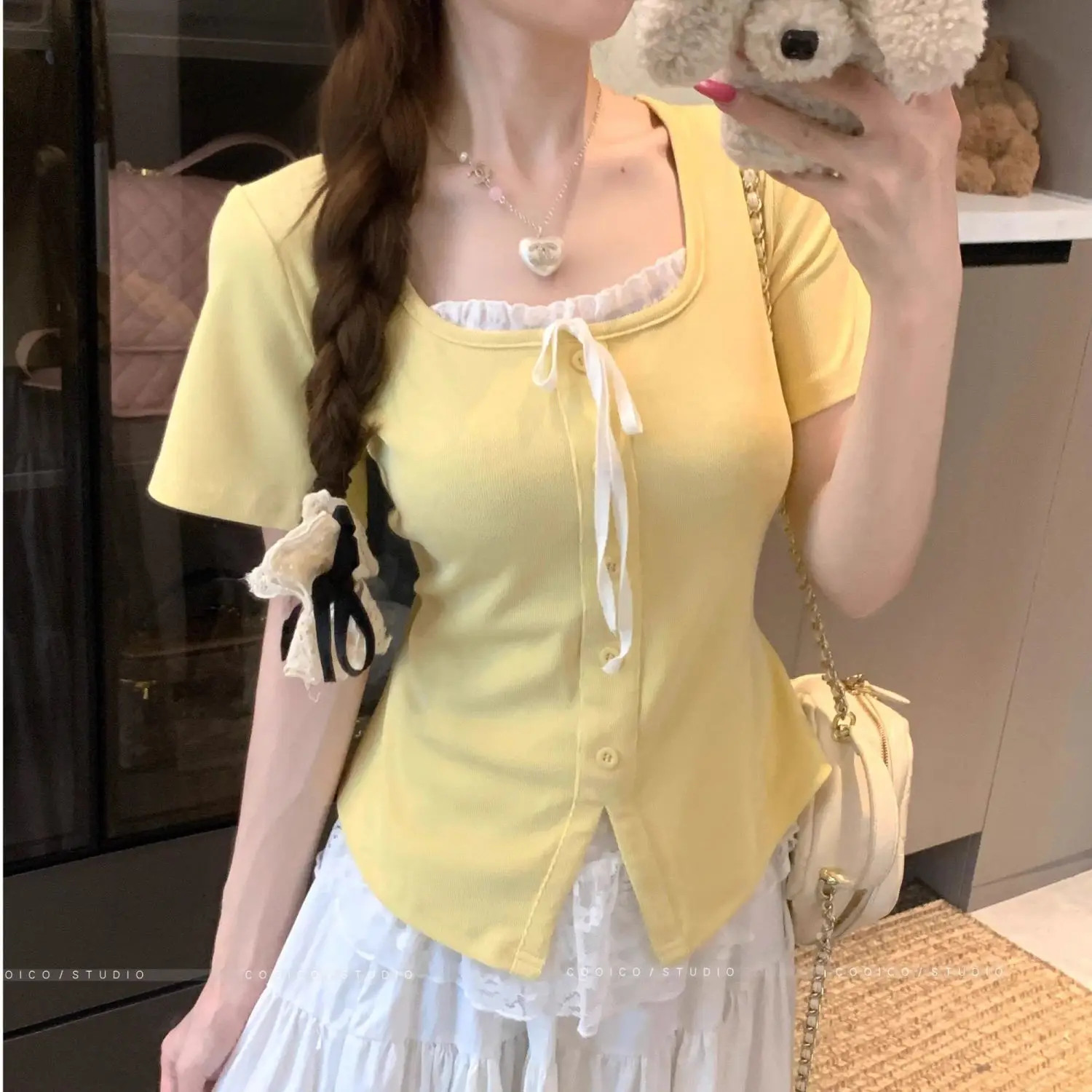 

Large Size Women's Clothing Summer New Celebrity Style Loose and Thin Splicing Lace Lace-up Fake Two-piece Short-sleeved T-shirt