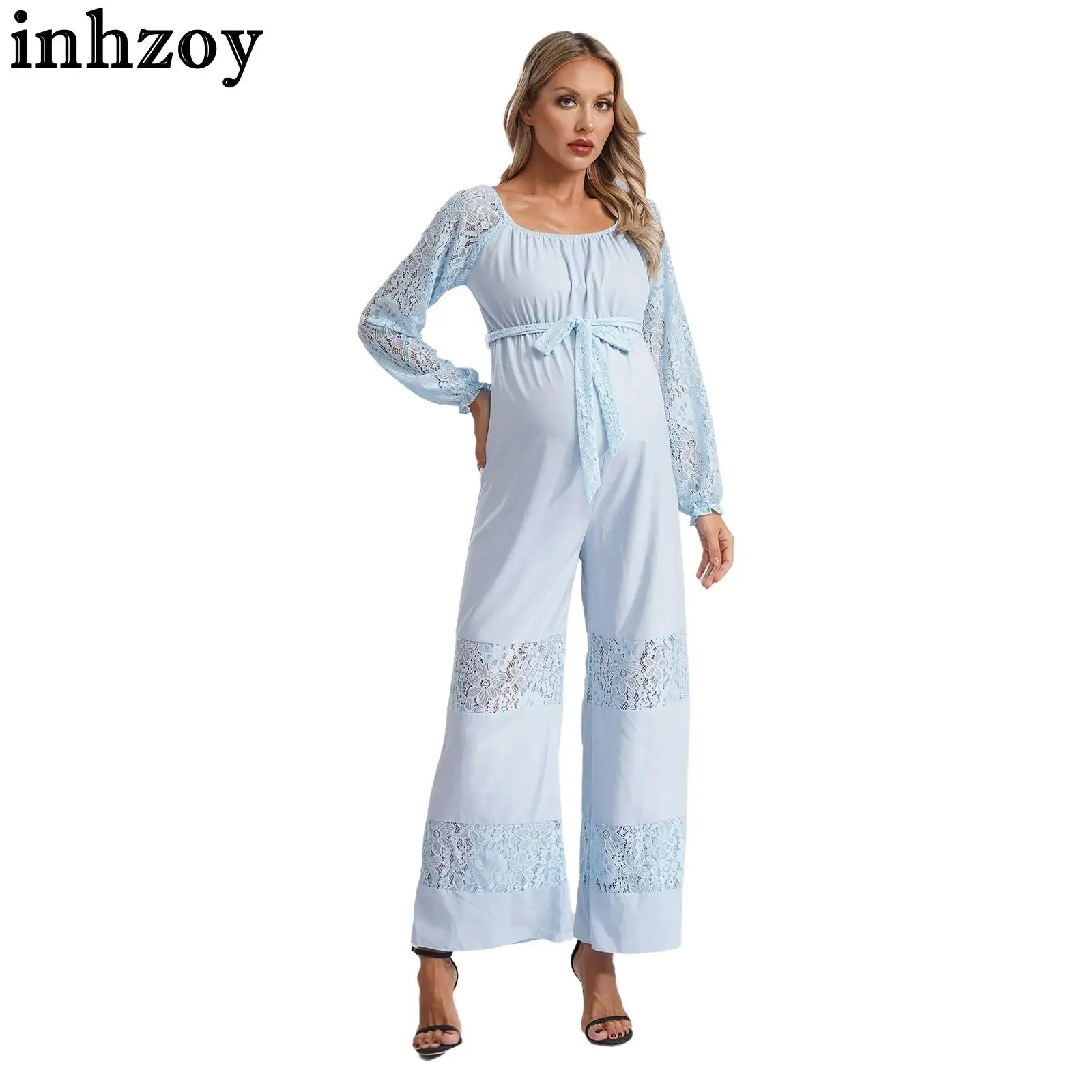 Women's Maternity Jumpsuits Pregnancy Work Clothes Pregnant Casual Long Sleeve Lace Hallow out Loose Wide Leg Ruffled Overalls