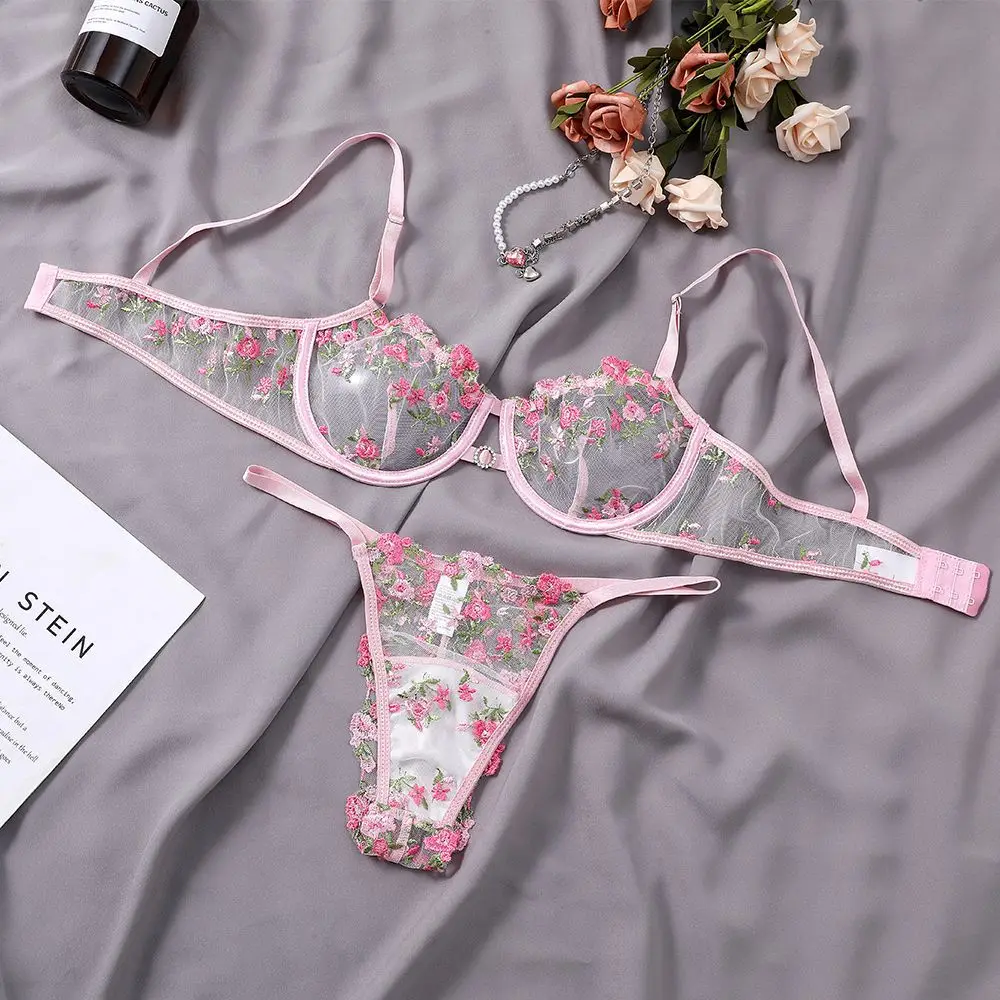 Erotic lingerie set embroidered women lace underwear hollowing senior sense of sexuality text bra with underpants suit