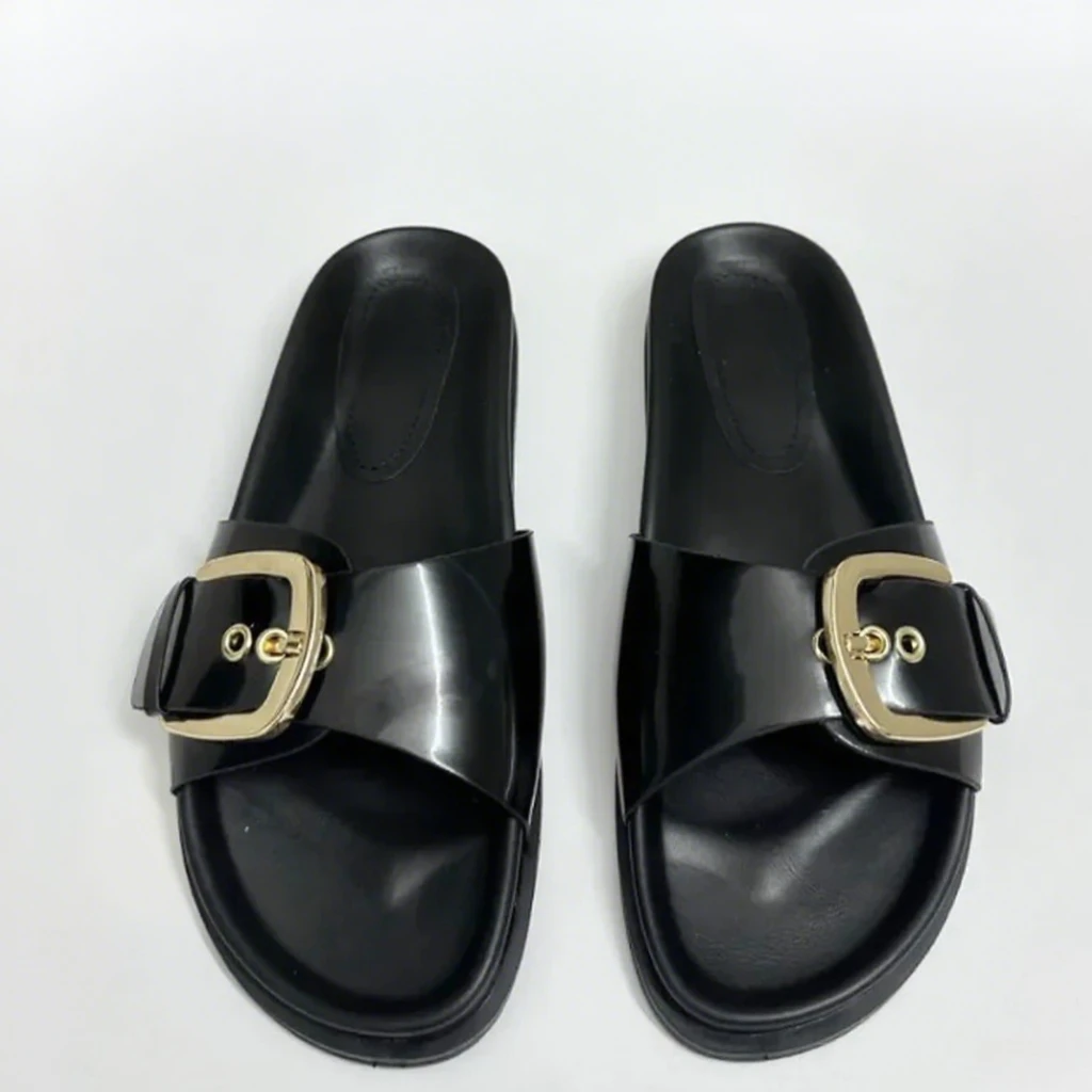 

Black PU Leather Flat Sandals for Women Metal buckle Decoration Open Toe Outdoor Thick Bottom Plus Size Ladies Beach Shoes
