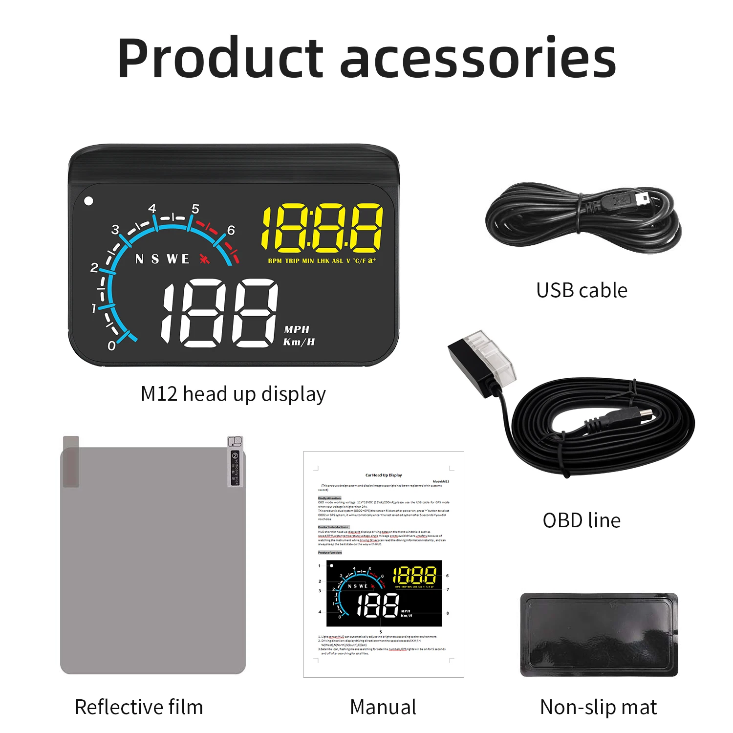 M12 HUD Windshield Projector OBD+GPS Universal Head Up Display Car Speedometer Water temp RPM Voltage Security Automatic Alarm - Image 6
