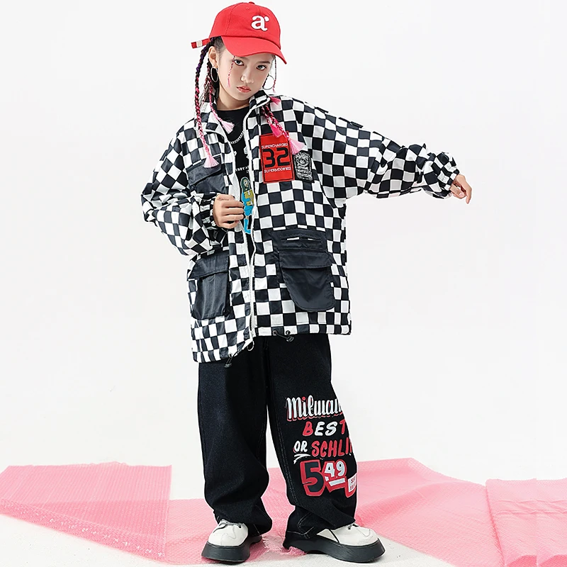 Kids Hip Hop Clothing Teenage Showing Outfits Checkered Jacket Casual Street Cargo Pants For Girl Boy Jazz Dance Costume Clothes