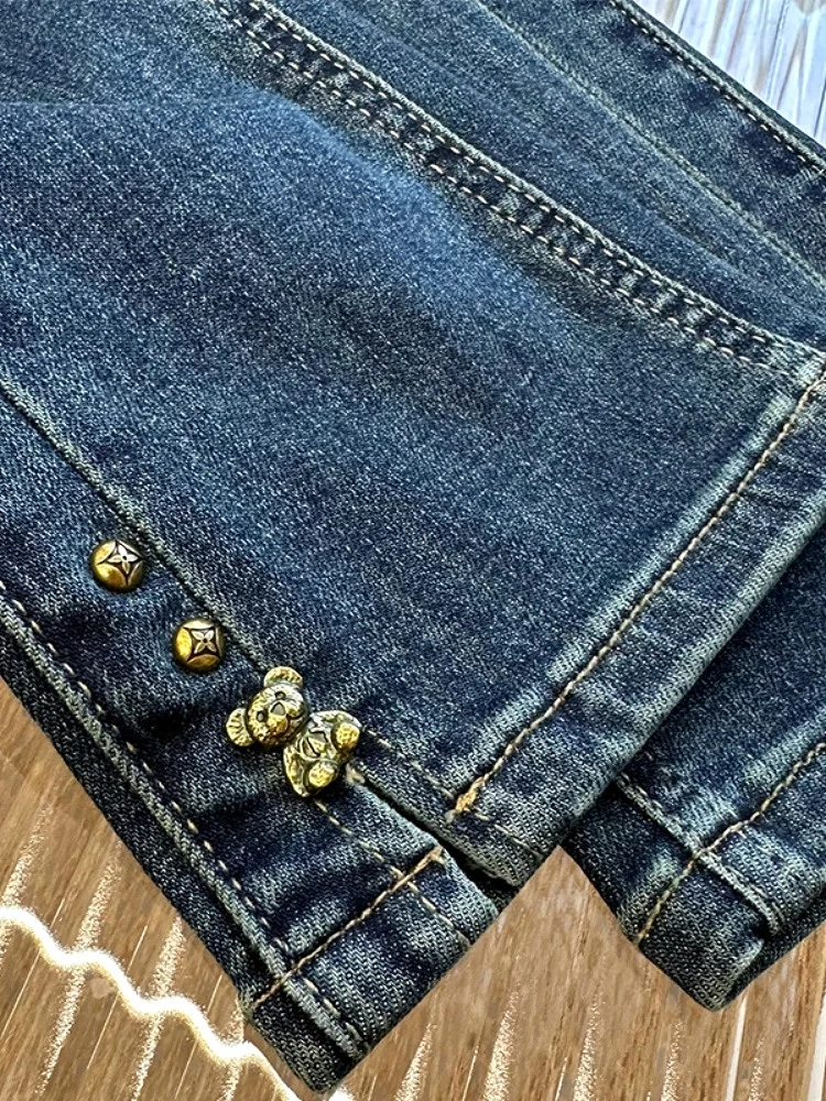 Verão feminino perna reta jeans cintura alta nove pontos calças de algodão poliéster viscose mistura retro na moda novo 2024