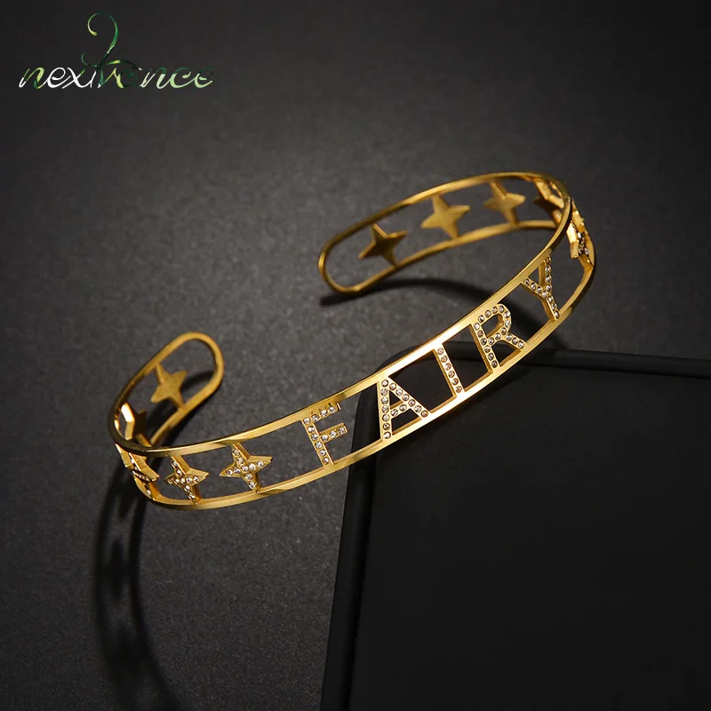 

Nextvance Punk Custom Name Bracelet Stainless Steel Personalized Rhinestone Wrist Bangles Women Party Jewelry Gift Frete Gratis